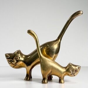 Vintage Mid-Century Solid Brass Cat & Kitten Figurine MCM Oddity Abstract Statue